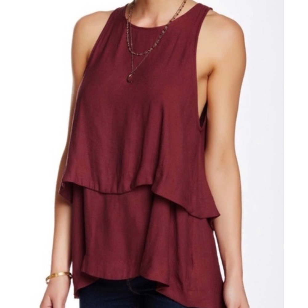 Free People Tank Top Tiered Layered Burgundy Large Boho Ethereal Flowy Festival